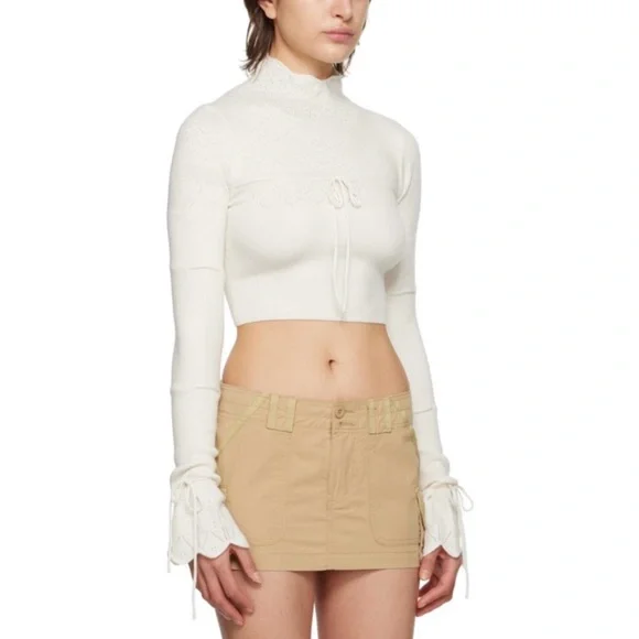 Danielle Guizio Ivory Cashmere Wool Pointelle Knit Tie Front Crop Sweater Small - Picture 3 of 13